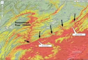 Susquehanna River basin of Pennsylvania, USA showing water gaps through Blue Mountian.