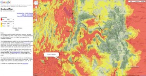 Western USA showing sea level rises to 1650, 1860 and 2100 m asl at 