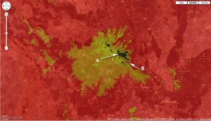 Carnarvon Gorge area. Red=600m; Orange=800m; Yellow=1000m; Black=1000m+