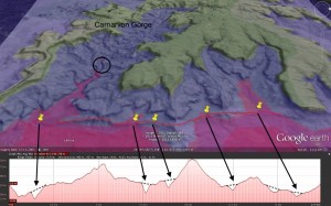 Consuelo Tableland and Carnarvon Gorge. Blue = 880 m. Violet = 510 m.