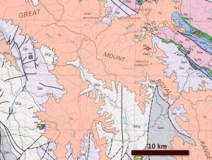 Extract from Tamworth-Hastings geological map showing large basalt flows, Tv