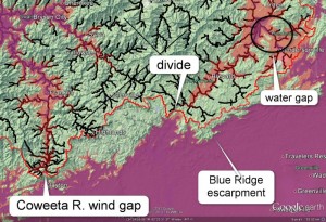 Google Earth image of Coweeta River basin featuring Blue Ridge. North is to top. See text for color coding.