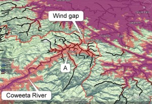 Google Earth image of part of the Coweeta River basin boundary in Appalachians. North is to bottom left. See text for color coding.