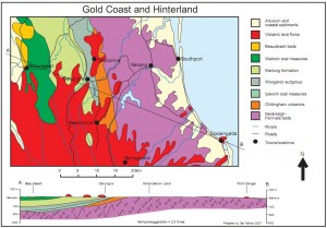 Figure 1. Geological map and cross section of the Gold Coast and Hinterland, Australia. 