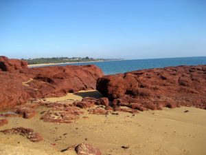 Outcrops of red basalt at Red Rock Point, Phillip Island.